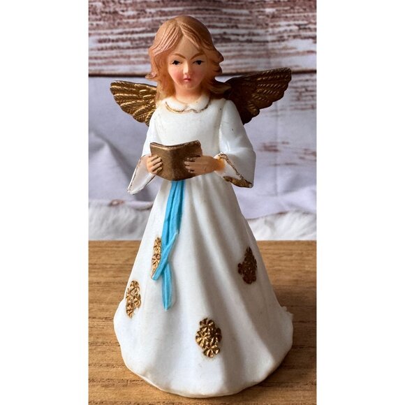 VTG Hong Kong Plastic Christmas Angel White and Gold Dress with Blue Ribbon - Picture 1 of 7